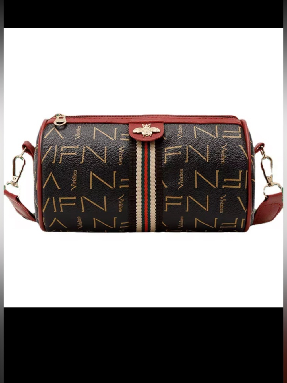 Monogram Bee Accent Barrel Crossbody Bag - Red /Brown/-Red Stripe NIP